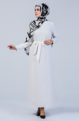Kuşaklı Düz Elbise 60087-03 Ekru