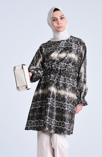 Leopar Desen Saten Tunik 2106-02 Siyah Kahverengi