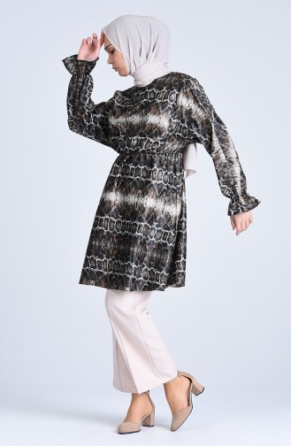 Leopar Desen Saten Tunik 2106-02 Siyah Kahverengi