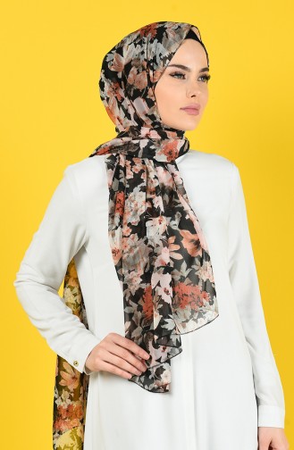 Çiçek Desenli Şifon Şal 26065-06 Pudra Siyah