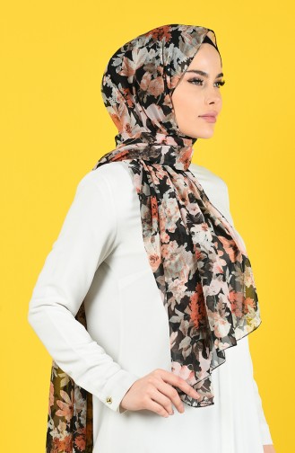 Çiçek Desenli Şifon Şal 26065-06 Pudra Siyah