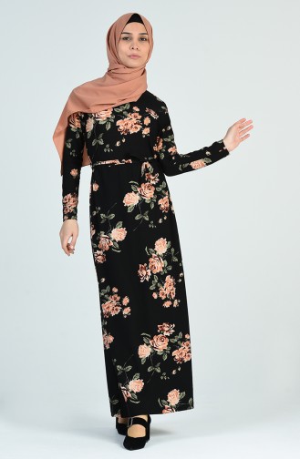 Gemustertes Kleid mit Band 9000A-01 Schwarz 9000-01