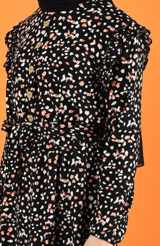 Desenli Elbise 8009-03 Siyah Pudra