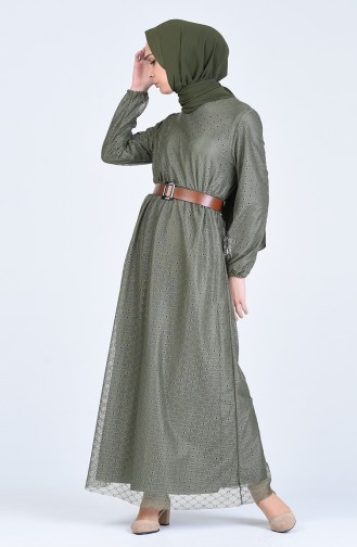 Patterned Dress with Belt 8052-01 Khaki 8052-01