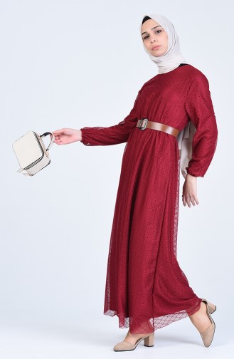 Patterned Belted Dress 8052-04 Burgundy 8052-04