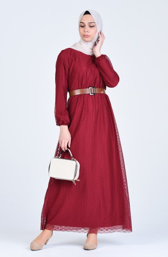 Patterned Belted Dress 8052-04 Burgundy 8052-04