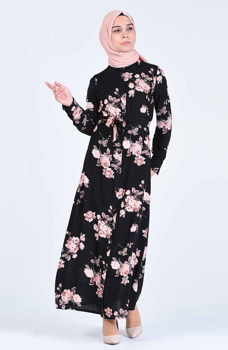 Sefamerve, Gemustertes Kleid mit Band  3019-01 Schwarz