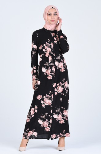 Patterned Belted Dress 3019-01 Black 3019-01