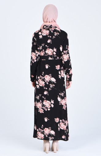 Gemustertes Kleid mit Band  3019-01 Schwarz 3019-01