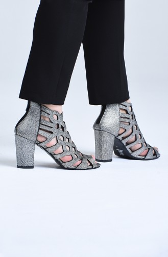 Bayan Lazer Kesim Topuklu Ayakkabı 0004-02 Gümüş Zen