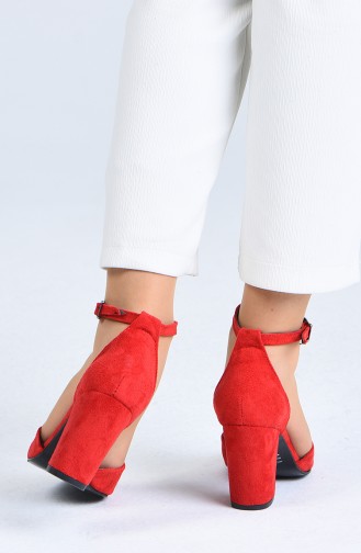 Bayan Bantlı Topuklu Ayakkabı 1101-05 Kırmızı Süet