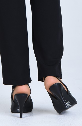 Bayan File Detaylı Topuklu Ayakkabı 0020-01 Siyah Cilt