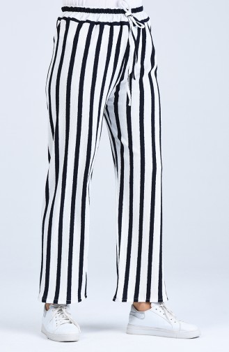 Çizgili Bol Paça Pantolon 5296C-01 Siyah Beyaz