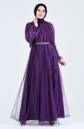 Belted Tulle Evening Dress 1018-04 Purple 1018-04