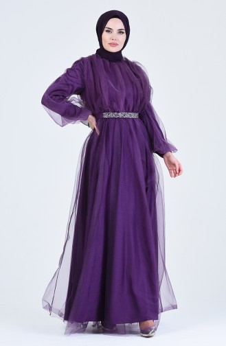 Belted Tulle Evening Dress 1018-04 Purple 1018-04