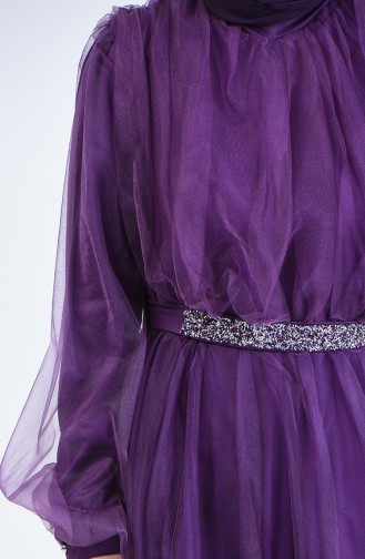 Belted Tulle Evening Dress 1018-04 Purple 1018-04