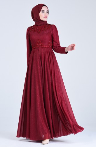 Simli Abiye Elbise 1551-05 Bordo