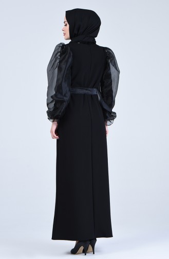 Organze Tül Kuşaklı Elbise 60119-02 Siyah