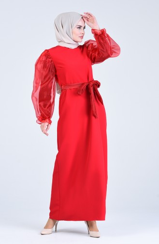 Organze Tül Kuşaklı Elbise 60119-04 Kırmızı