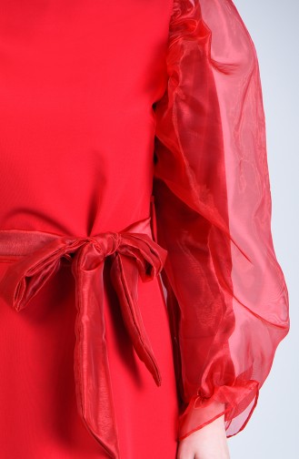 Organze Tül Kuşaklı Elbise 60119-04 Kırmızı