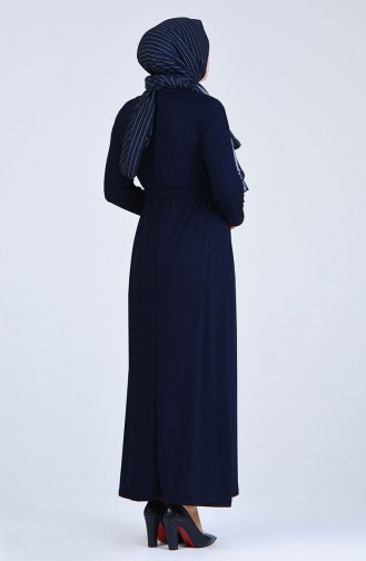 Büyük Beden Düğme Detaylı Kuşaklı Elbise 8007-06 Lacivert