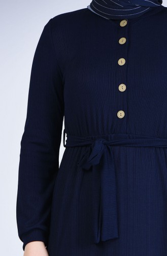 Büyük Beden Düğme Detaylı Kuşaklı Elbise 8007-06 Lacivert