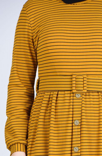Button Detailed Dress with Belt 8054A-06 Mustard 8054A-06