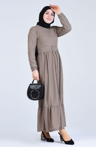 Button Detailed Belt Dress 8054-05 Beige 8054-05