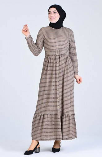 Button Detailed Belt Dress 8054-05 Beige 8054-05