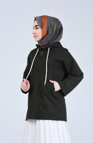 Kapüşonlu Fermuarlı Sweatshirt 3152-04 Koyu Haki