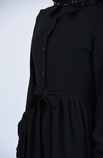 Boydan Düğmeli Kuşaklı Elbise 0912-01 Siyah