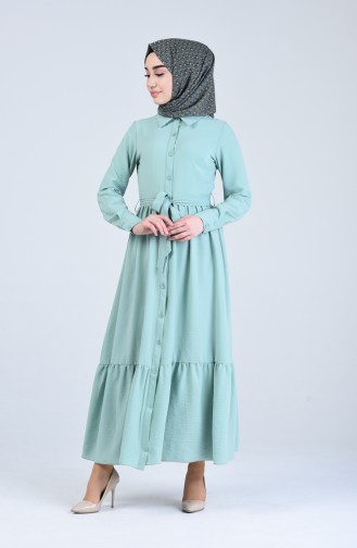 Boydan Düğmeli Kuşaklı Elbise 0912-02 Su Yeşili