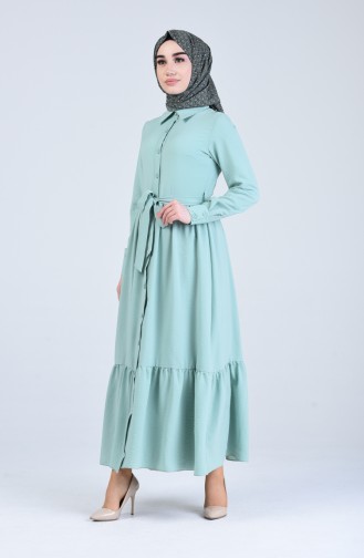 Boydan Düğmeli Kuşaklı Elbise 0912-02 Su Yeşili