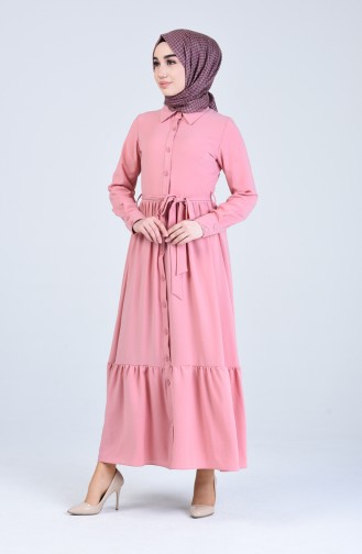 Boydan Düğmeli Kuşaklı Elbise 0912-03 Gül Kurusu