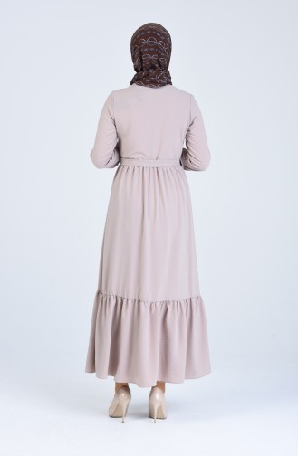 Boydan Düğmeli Kuşaklı Elbise 0912-04 Vizon