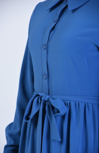 Boydan Düğmeli Kuşaklı Elbise 0912-05 İndigo