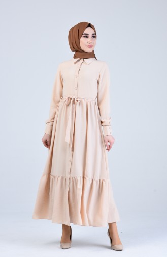 Geknöfptes Kleid mit Band 0912-06 Beige 0912-06