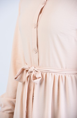 Boydan Düğmeli Kuşaklı Elbise 0912-06 Bej