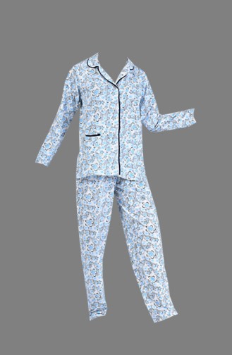 Çiçek Desenli Pijama Takım 1006-02 Gri Mavi
