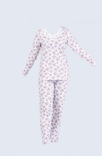 Çiçek Desenli Pijama Takım 9007A-01 Ekru Bordo