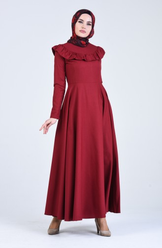 Fırfır Detaylı Elbise 7269-16 Bordo