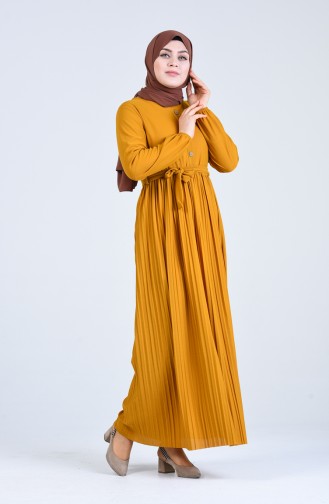 Plus Size Elastic Sleeve Pleated Dress 8022-07 Mustard 8022-07