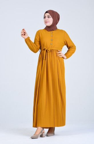 Plus Size Elastic Sleeve Pleated Dress 8022-07 Mustard 8022-07