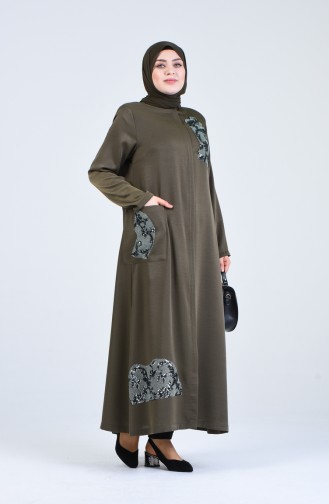 Grosse Grösse Pailetten Abaya mit Reissverschluss 0414-01 Khaki 0414-01