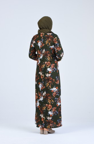 Büyük Beden Çiçek Desenli Elbise 8869-01 Haki