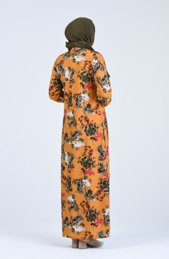 Büyük Beden Çiçek Desenli Elbise 8869-02 Hardal