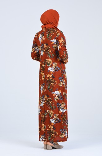 Büyük Beden Çiçek Desenli Elbise 8869-04 Kiremit