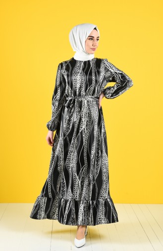 Chain Pattern Belted Dress 2123-01 Black Gray 2123-01