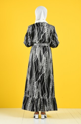 Zincir Desenli Kuşaklı Elbise 2123-01 Siyah Gri