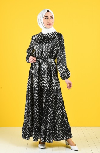 Desenli Kuşaklı Elbise 2128-01 Siyah Gri